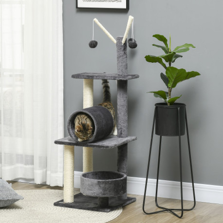 PawHut 121cm Cat Tree Tower for Indoor Cats Kitten Activity Centre Scratching Post with Bed Tunnel Perch Interactive Ball Toy Gr
