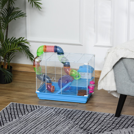 Pawhut 2 Tier Hamster Cage, Gerbil Cage with Handle, Exercise Wheels, Tunnel, Tube, Water Bottle, Dishes, Ladder, for Dwarf, Blu
