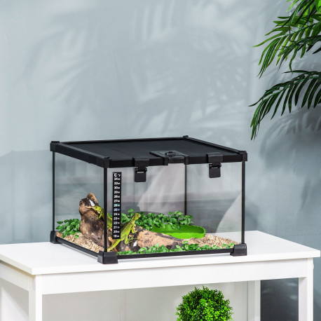 PawHut Glass Reptile Terrarium Insect Breeding Tank Vivarium Habitats with Thermometer for Lizards, Horned Frogs, Snakes, Spider