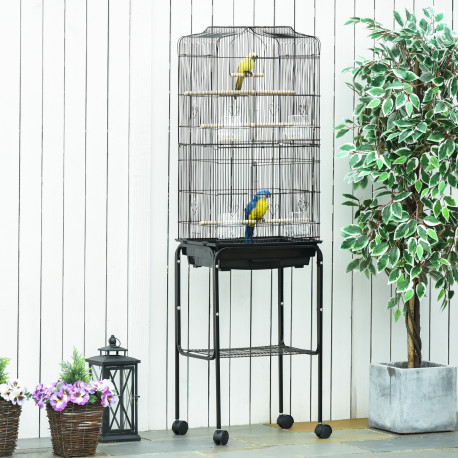 PawHut Bird Cage Budgie Cages for Finch Canary Parakeet with Stand Wheels Slide-out Tray Accessories Storage Shelf, Black 46.5 x