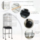 PawHut Bird Cage Budgie Cages for Finch Canary Parakeet with Stand Wheels Slide-out Tray Accessories Storage Shelf, Black 46.5 x
