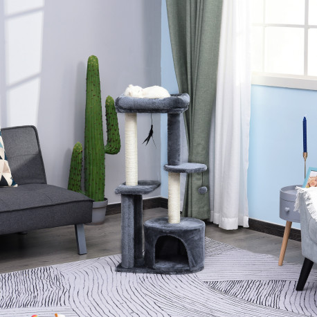 PawHut 100cm Cat Tree for Indoor Cats, Cat Tower Condo for Kittens with Cat House Sisal Scratching Posts, Hanging Ball Toys, Per
