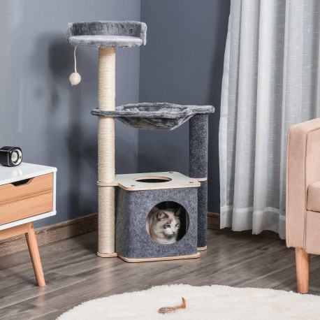PawHut Cat Tree for Indoor Cats 95cm Climbing Tower Kitten Activity Center with Sisal Scratching Post Perch Roomy Condo Hammock 