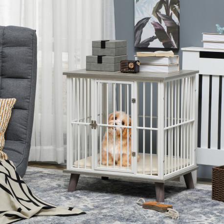 PawHut Dog Crate Furniture, Indoor Pet Kennel Cage, Top End Table w/ Soft Cushion, Lockable Door, for Small Dogs, 64.5 x 48 x 70