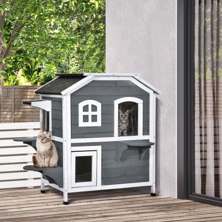 PawHut 2-story Cat House Outdoor, Weatherproof Wooden Cat Enclosure for Feral Cats with Escape Door, Openable Roof, Jumping Plat