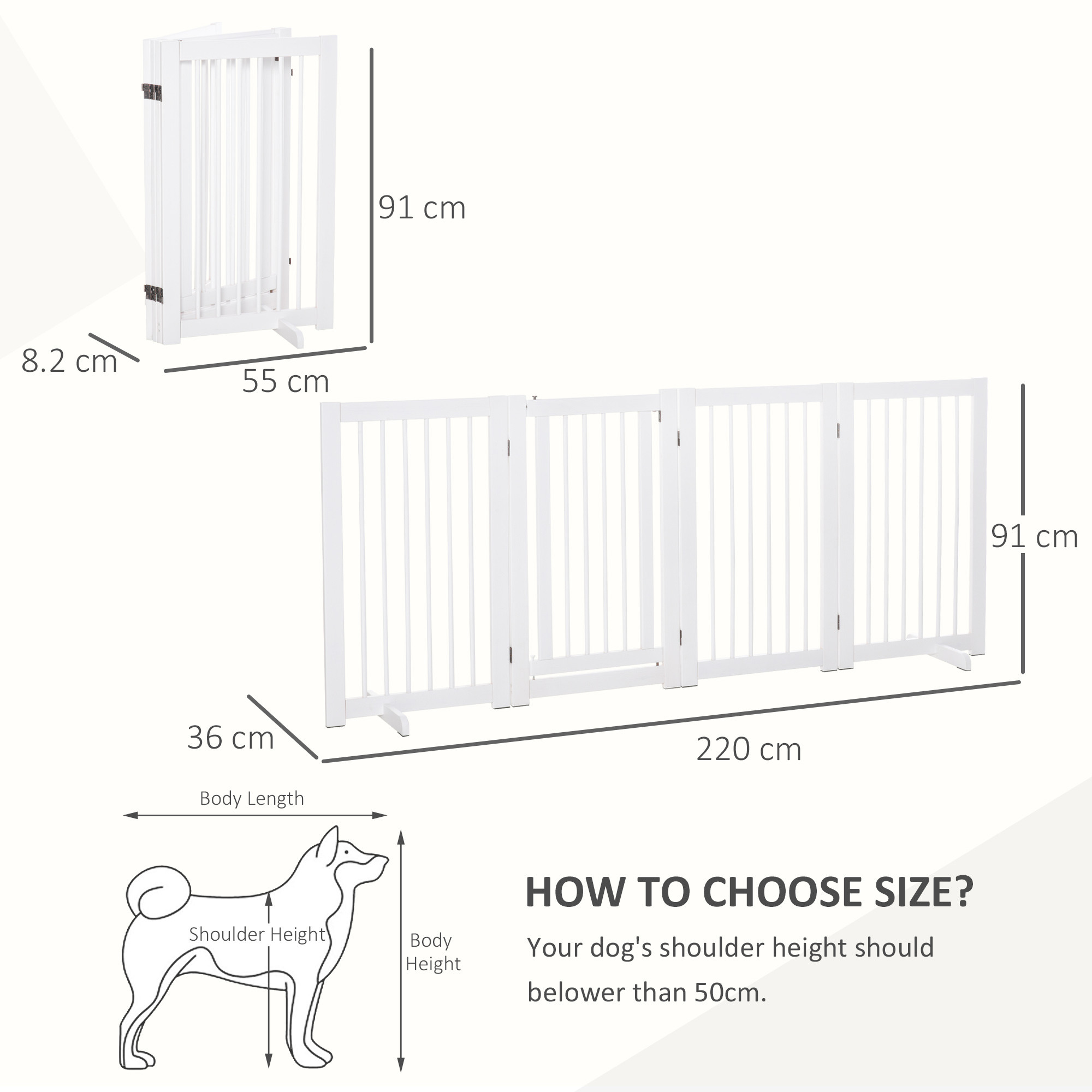 PawHut Freestanding Pet Gate 4 Panels Wooden Dog Safety Fence Foldable with Support Feet for Doorway Stairs 91cm Tall White