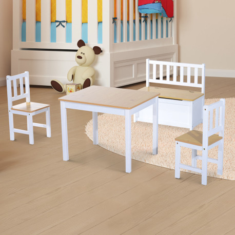 4-Piece Kids Table and Chair Set with 2 Wooden Chairs, 1 Storage Bench, and Interesting Modern Design, Beige/White