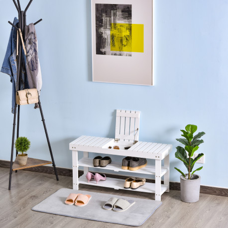 Shoe Bench, 3-Tier Wooden Shoe Rack with Hidden Storage Compartment, Slatted Shelves, Home Storage Unit, Hallway Furniture, Whit