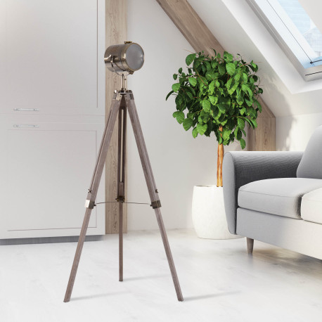 Industrial Tripod Floor Lamp, Nautical Searchlight with Adjustable Height, Wood Legs, E12 Lamp Base for Living Room, Bedroom, Gr