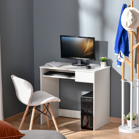 Compact Computer Desk with Keyboard Tray, Home Office Desk with Drawer for Bedroom Study, White