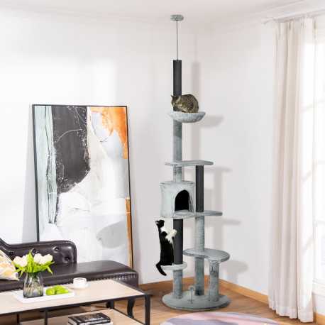 PawHut 255cm Floor to Ceiling Cat Tree with Scratching Posts, Height Adjustable Cat Tower with Hammock, House, Anti-tipping Kit,