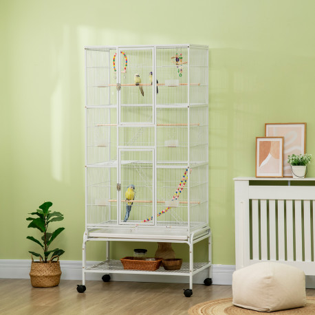 PawHut Large Bird Cage Budgie Cage 3 Tier Aviary with Stand Wheels, Toys, Ladders, Shelf for Canaries, Finches, Cockatiels, Para