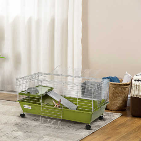 PawHut Small Animal Cage Rabbit Guinea Pigs Chinchillas Cage w/ Wheels Water Bottle Food Dish Platform Ramp 89 x 44 x 43 cm Gree
