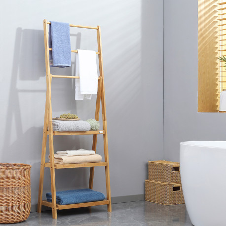 kleankin Freestanding Natural Bamboo Towel Rack with 3 Towel Rails and 3 Storage Shelves, Space-Saving Foldable Towel Holder for
