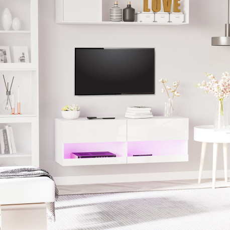 High Gloss TV Stand Cabinet with LED Lights, Wall Mount Media Unit for TVs up to 42 Inch for Living Room Bedroom
