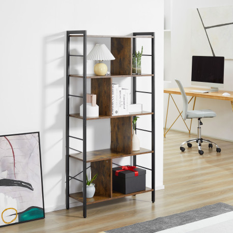 Industrial Storage Unit, 5 Tiers Bookcase with Open Compartments for Office Living Room, Bedroom, Rustic Brown and Black