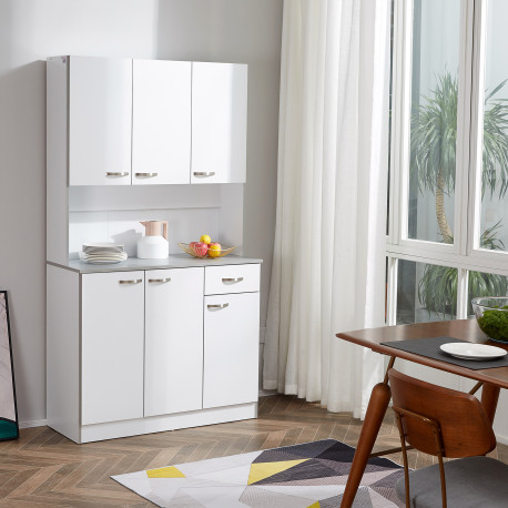 Kitchen Cupboard, Freestanding Kitchen Storage Cabinet with 6 Doors, Drawer, Adjustable Shelves and Open Countertop for Dining R