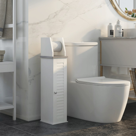 kleankin Slim Bathroom Floor Cabinet with Cupboard, Roll Holder and Adjustable Shelf, Toilet Roll Storage Unit for Toilet Paper,