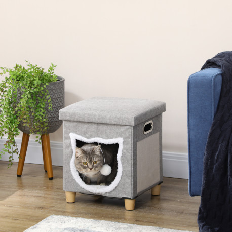 PawHut 2 in 1 Cat Bed Ottoman, Comfortable Cat Sleeping Cave House w/ Removable Cushion, Scratching Pad, Handles, Anti-Slip Foot