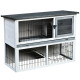 PawHut Small Animal Two-Level Fir Wood Guinea Pigs Hutches Bunny Cage w/ Slide Out Tray Grey