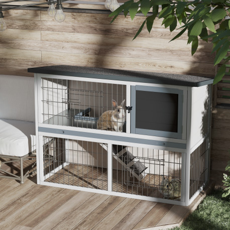 PawHut 2-Tier Wooden Rabbit Hutch Guinea Pig House Bunny Cage Backyard w/ Openable Roof Small Animal House for Outdoor Grey, 108