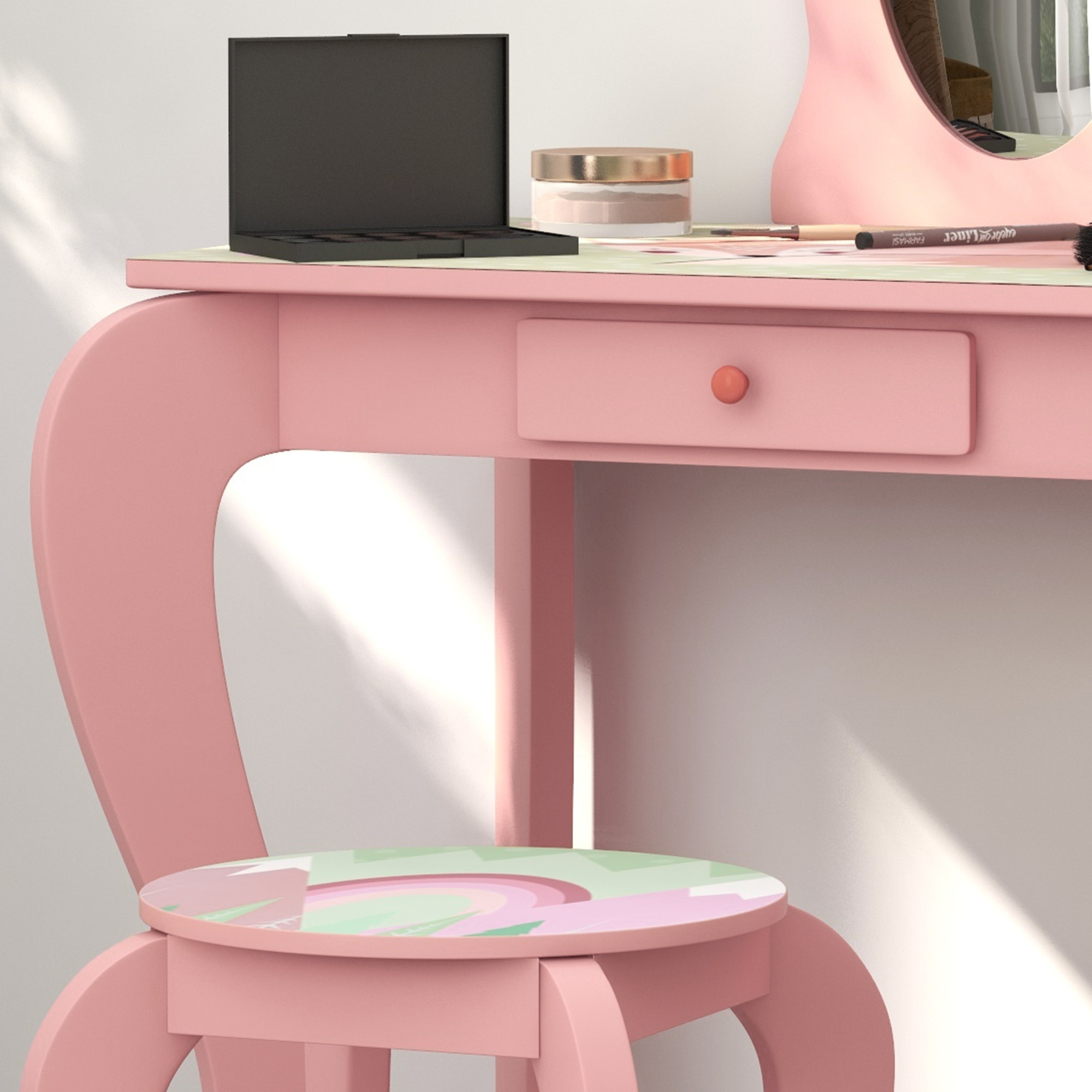 ZONEKIZ Kids Dressing Table with Mirror, Stool, Drawer, Cute Animal Design - Pink
