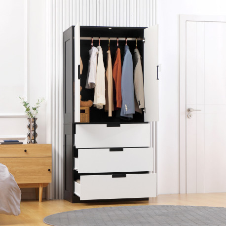 2 Door Wardrobe, Modern Wardrobe with 3 Drawers and Hanging Rod for Bedroom, Black