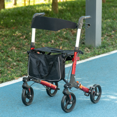 Folding Rollator Walker with Seat and Backrest, Lightweight Walking Frame with Detachable Storage Bag, Dual Brakes, Adjustable H
