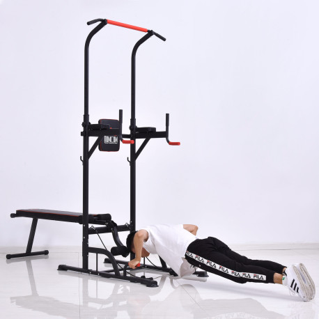 Multifunction Power Tower Home Workout Dip Station w/ Sit-up Bench Push-up Bars and Tension Ropes Fitness Equipment Office Gym T