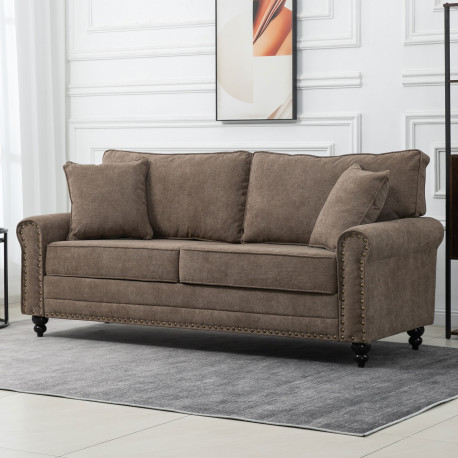 3 Seater Sofas for Living Room, Fabric Sofa with Nailhead Trim, Cushions and Pillows, Brown