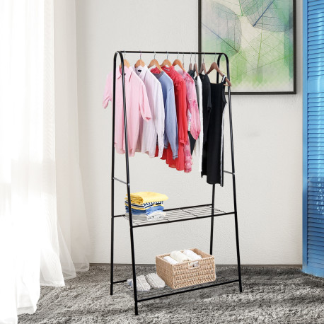 Metal Clothes Rack Coat Garment Hanger Hallway Organiser Hanging Rail Stand 2-tier Shoe Shelving A Shaped 77L x 45W x 153H cm Bl