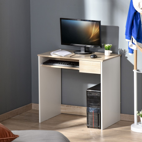 Compact Computer Desk with Keyboard Tray, Home Office Desk with Drawer for Bedroom Study, Oak Colour