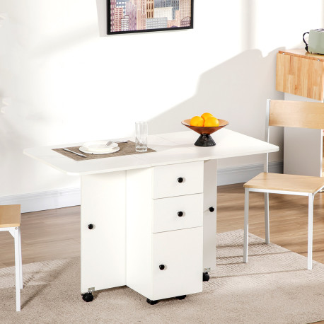 Multi-Storage Six-Person Drop Leaf Dining Table -  White