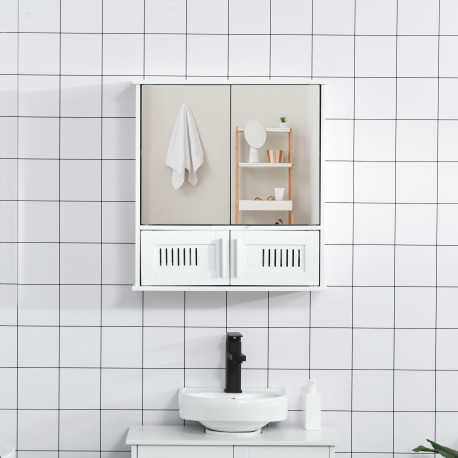 kleankin Bathroom Mirror Cabinet, Wall Mounted Storage Cupboard with Double Doors and Adjustable Shelf, Bathroom Organizer, Whit
