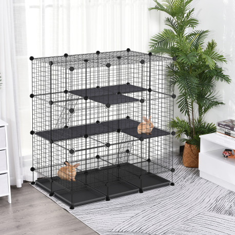 PawHut 3 Level DIY Pet Playpen Metal Small Animal Cage Rabbit Ferret Chinchillas Cage 4 Doors Bottom Trays Black
