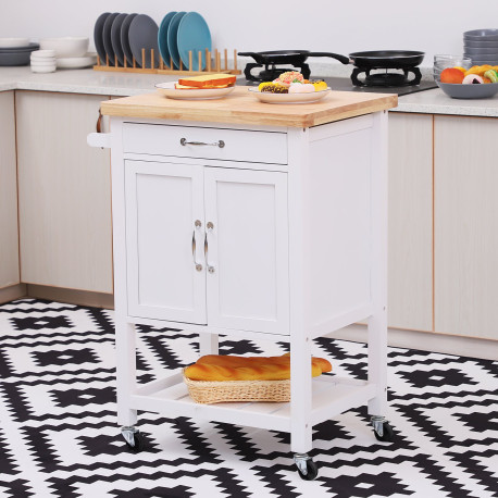 Kitchen Storage Trolley Cart Rolling Wheels Shelves Cupboard W/ Drawer And Towel Rail Rubber Wood Worktop White