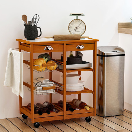 Rolling Kitchen Island Trolley Cart Drawer Shelves Basket Wheels W/  6 Bottle Wine Rack, Honey Colour