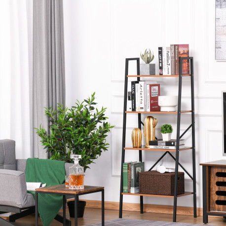Bookcase 4-Tier Vintage Ladder Shelf with Wood Storage Rack, Stand Plants Display, Black and Brown