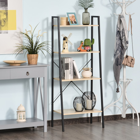 Bookcase 4-Tier Vintage Ladder Shelf with Wood Storage Rack, Stand Plants Display, Black and Natural