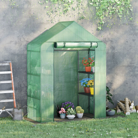 Outsunny Walk In Greenhouse with Shelves, Portable Gardening Plant Grow House for Outdoor with 2 Tier Shelf, Roll-Up Zippered Do