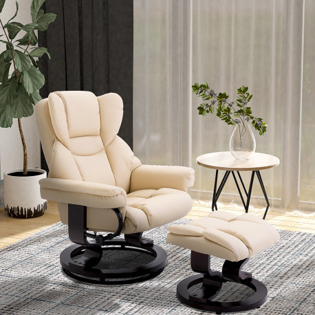 Faux Leather Recliner Chair and Footstool, Swivel Upholstered Armchair and Footstool with Adjustable Backrest, Solid Wood Base f