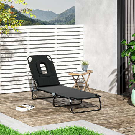 Outsunny Outdoor Foldable Sun Lounger, 4 Level Adjustable Backrest Reclining Sun Lounger Chair with Pillow and Reading Hole, Bla