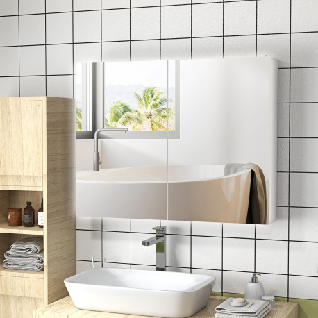 kleankin Bathroom Mirror Cabinet with Light, Bathroom Storage Cupboard with Adjustable Shelf, USB Powered, 90x15x70cm, White