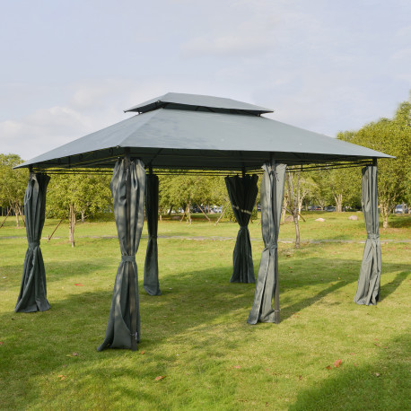 Outsunny 4m x 3(m)Garden Gazebo, Double Roof Outdoor Gazebo Canopy Shelter with Curtains, Solid Steel Frame for Lawn and Deck, G
