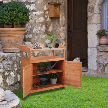 Outsunny Multi-function Potting Bench Table w/ Storage Cabinet and Galvanized Table Top, Wooden Planting Workstation, 98cm x 47c