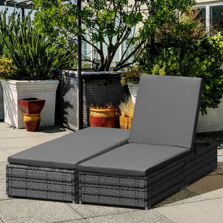 Outsunny PE Rattan Sun Loungers with Cushion, Outdoor Garden Sunbed Furniture with 5-Level Recliner Backrest, and Armrest, Set o