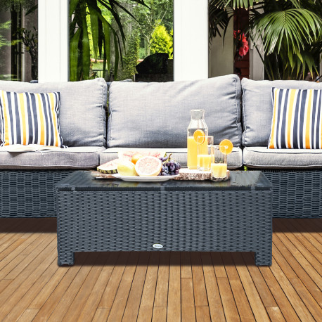 Outsunny Outdoor PE Rattan Coffee Table, Rectangular Garden Tea Table w/ Tempered Glass Top, Black