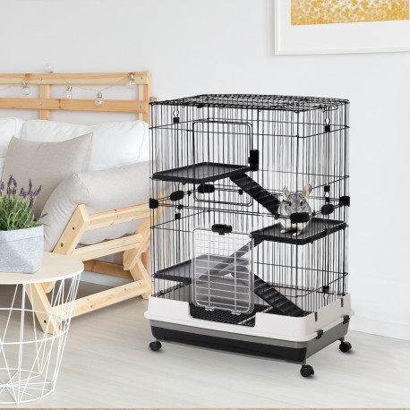 PawHut Four-Tier Small Animal Cage, for Bunnies, Ferrets, Chinchillas w/ Wheels, Tray - Black