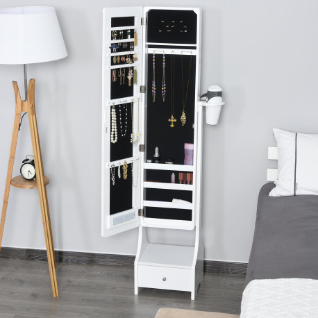 Jewellery Cabinet, Full Length Mirror with Storage, Free Standing Mirror with LED Lights, Hooks, Drawer and Hairdryer Holder for