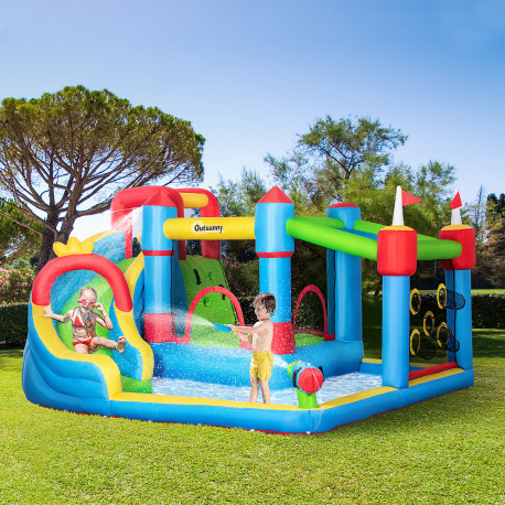 Outsunny Kids Inflatable Bouncy Castle Water Slide 6 in 1 Bounce House Jumping Castle Water Gun Climbing Wall with Air Blower fo